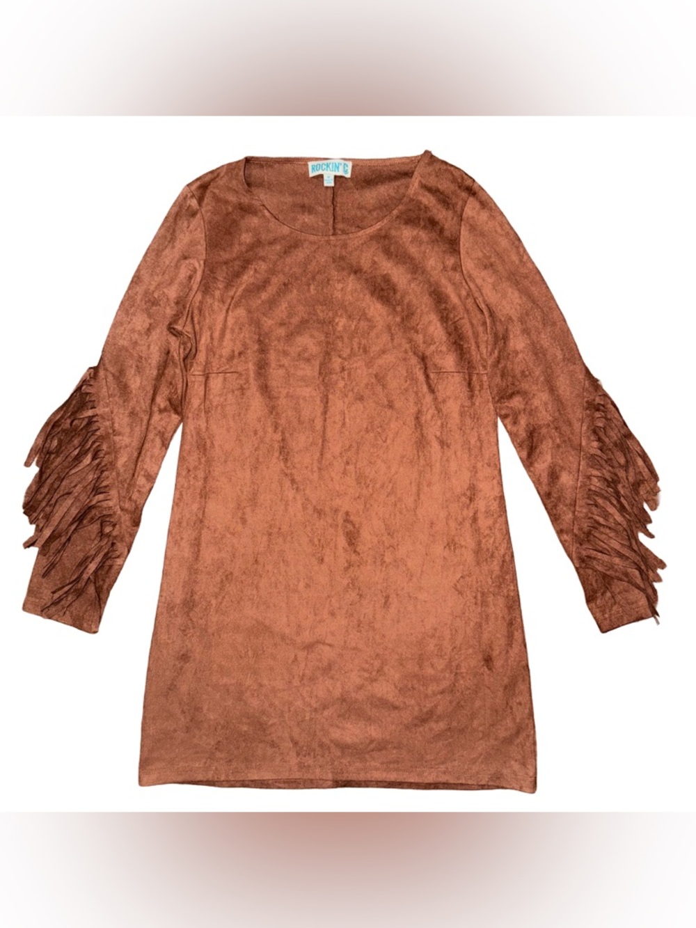 💖Rockin' C Brown Faux Suede Fringe Long Sleeve Dress Western Boho